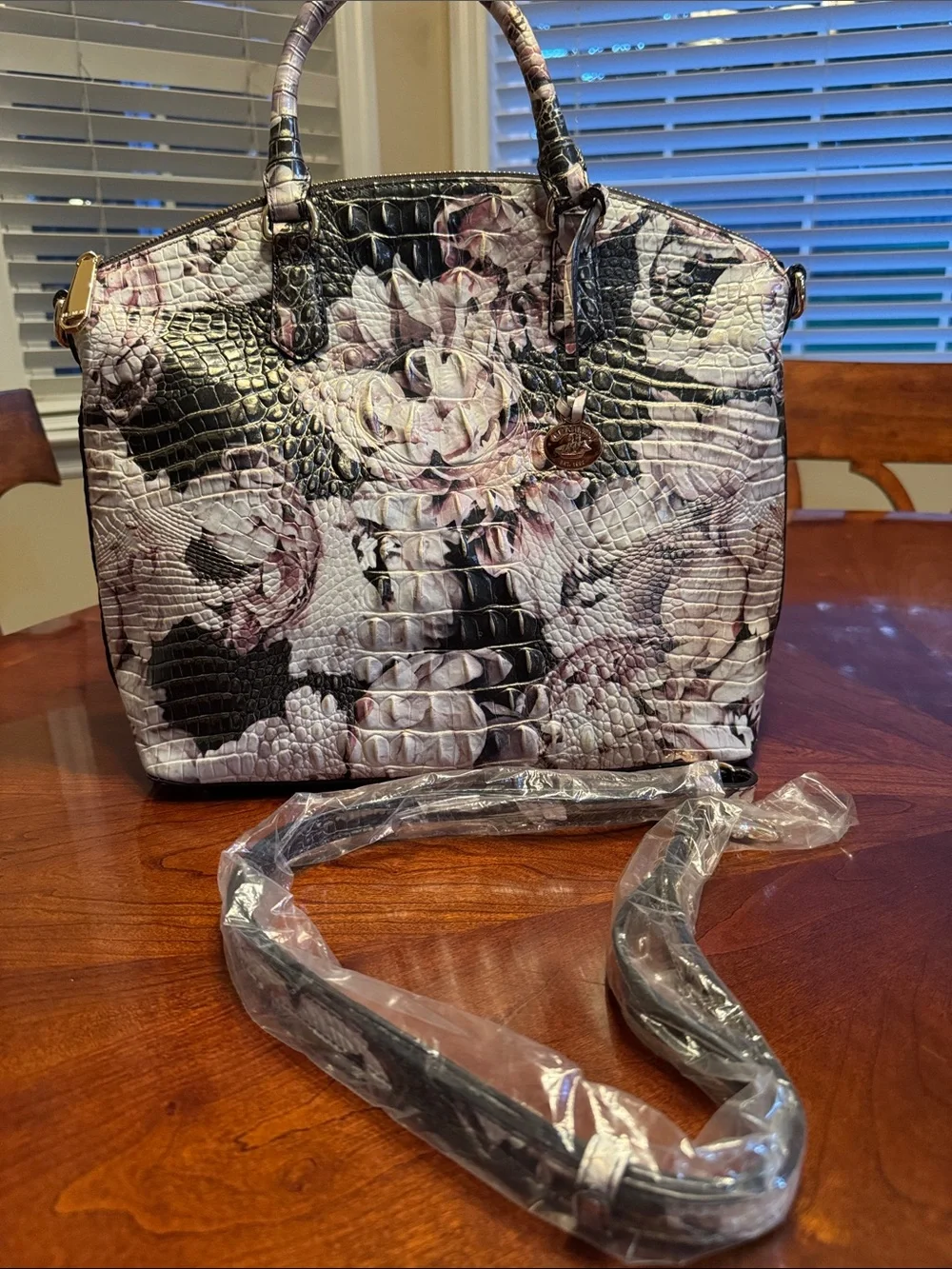 Brahmin Black & Pink Floral Croc-Embossed Satchel